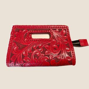 Gorgeous red tooled leather clutch- handmade